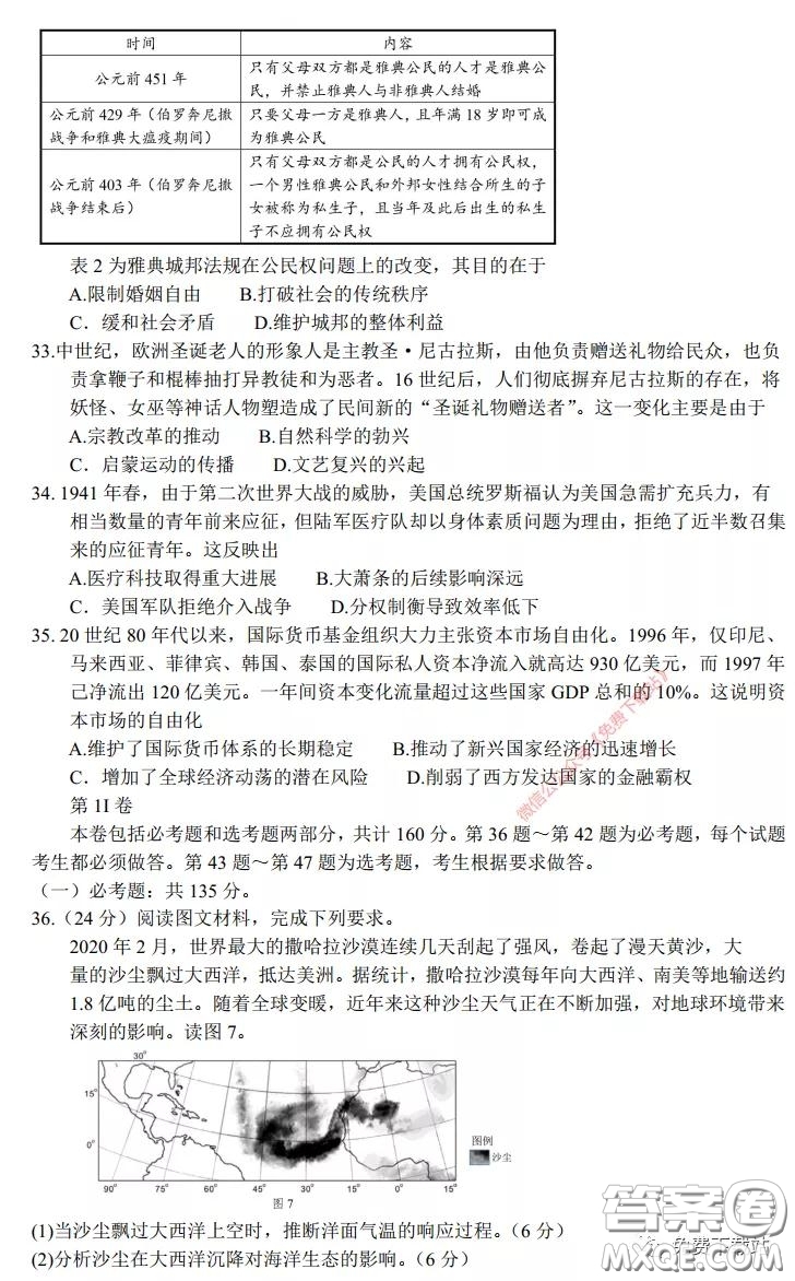 長郡中學(xué)2020屆高三適應(yīng)性考試三文科綜合試題及答案