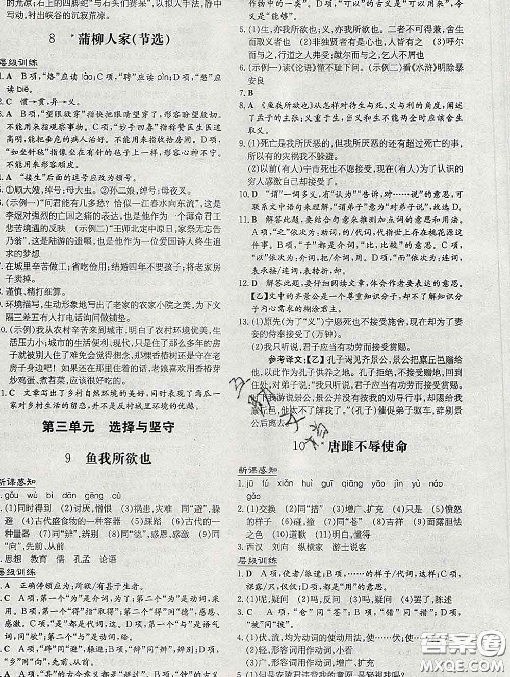 2020新版練案課時作業(yè)本九年級語文下冊人教版答案
