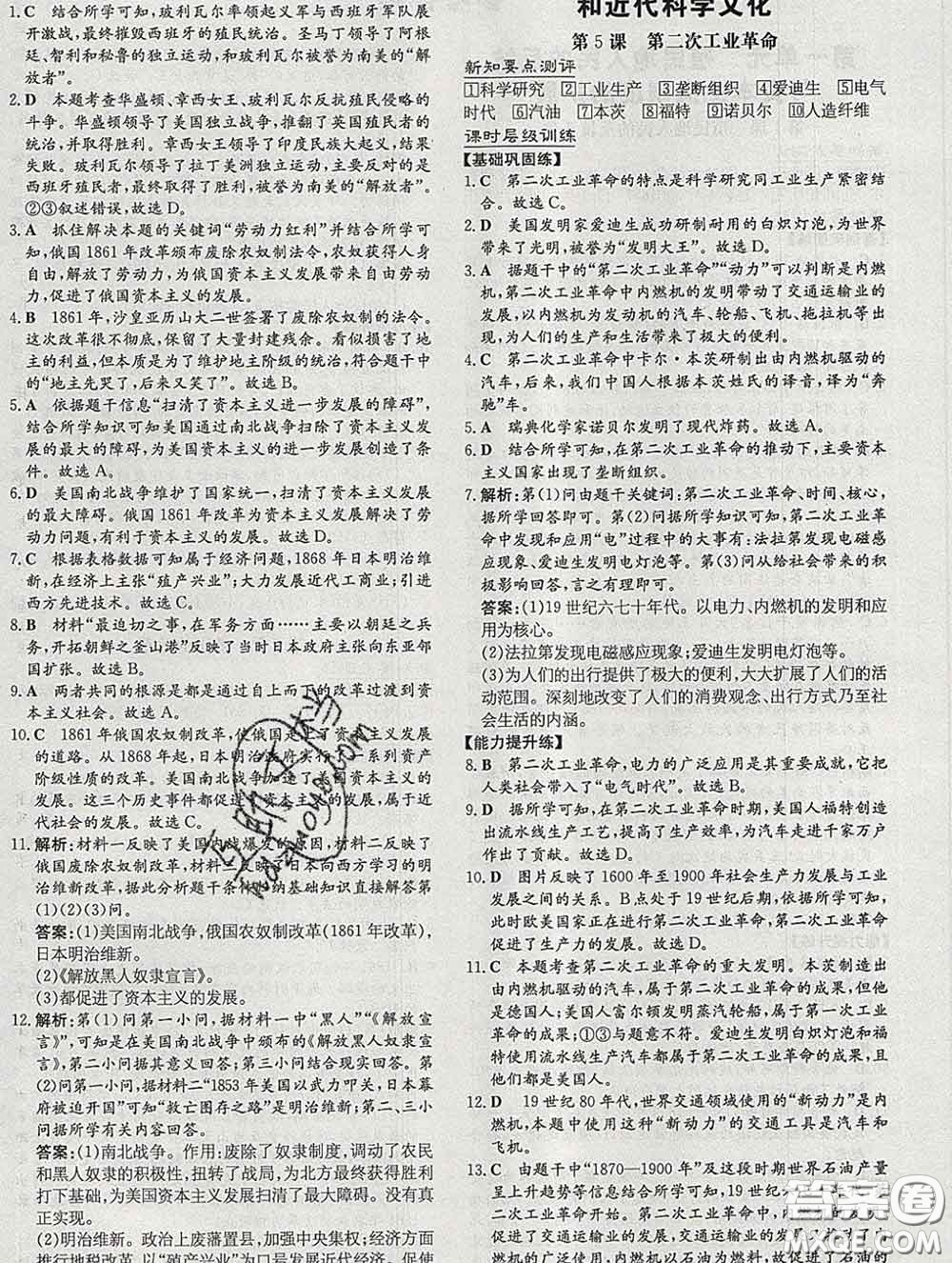 2020新版練案課時作業(yè)本九年級歷史下冊人教版答案