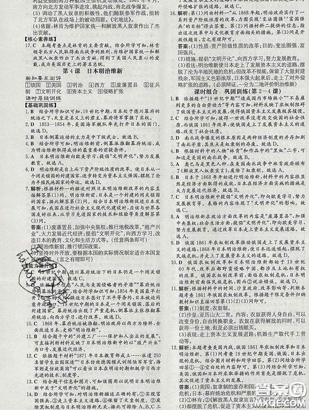 2020新版練案課時作業(yè)本九年級歷史下冊人教版答案