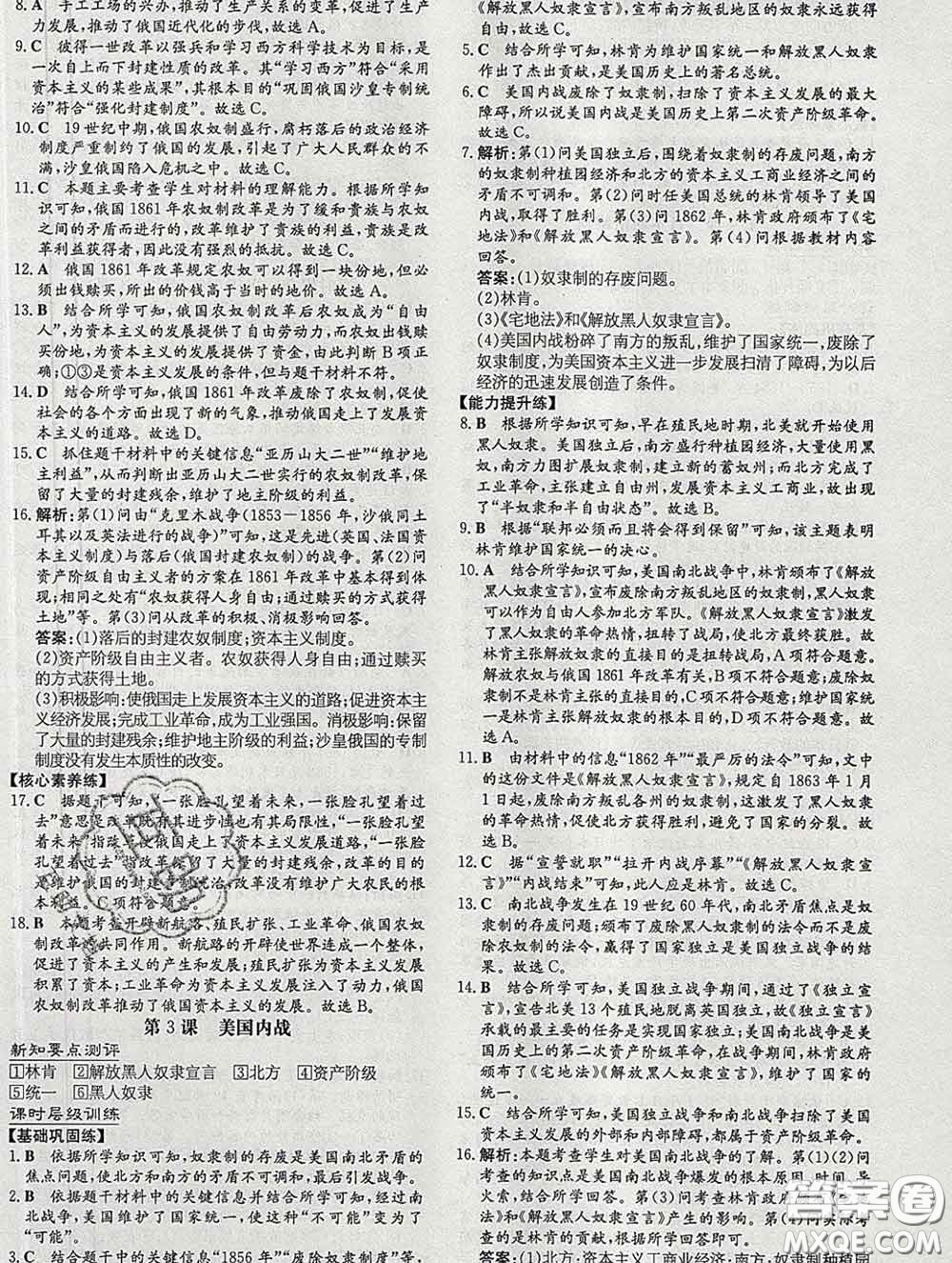 2020新版練案課時作業(yè)本九年級歷史下冊人教版答案