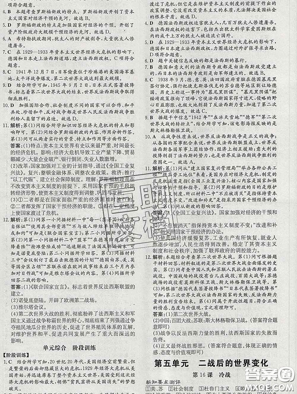 2020新版練案課時作業(yè)本九年級歷史下冊人教版答案