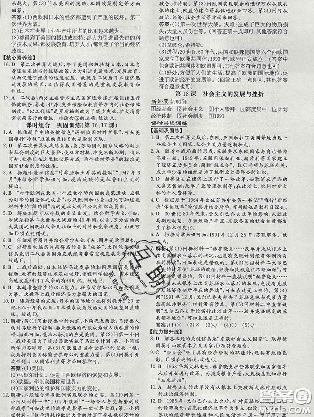 2020新版練案課時作業(yè)本九年級歷史下冊人教版答案