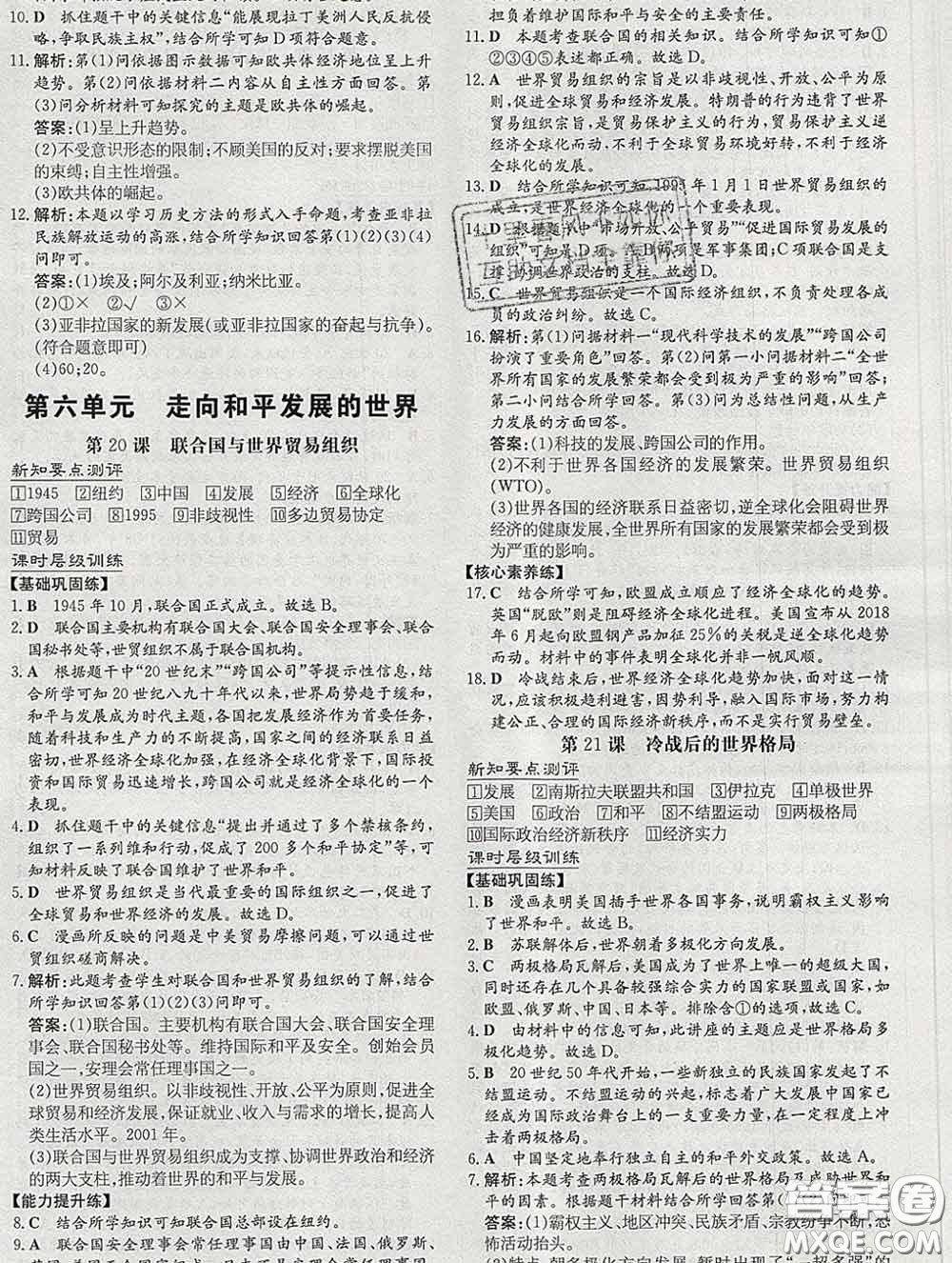 2020新版練案課時作業(yè)本九年級歷史下冊人教版答案