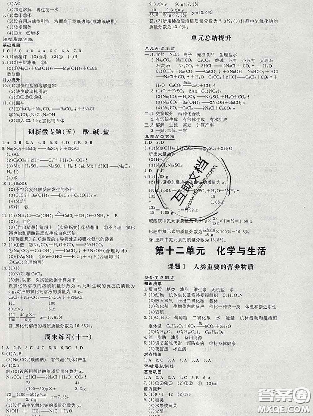2020新版練案課時作業(yè)本九年級化學下冊人教版答案