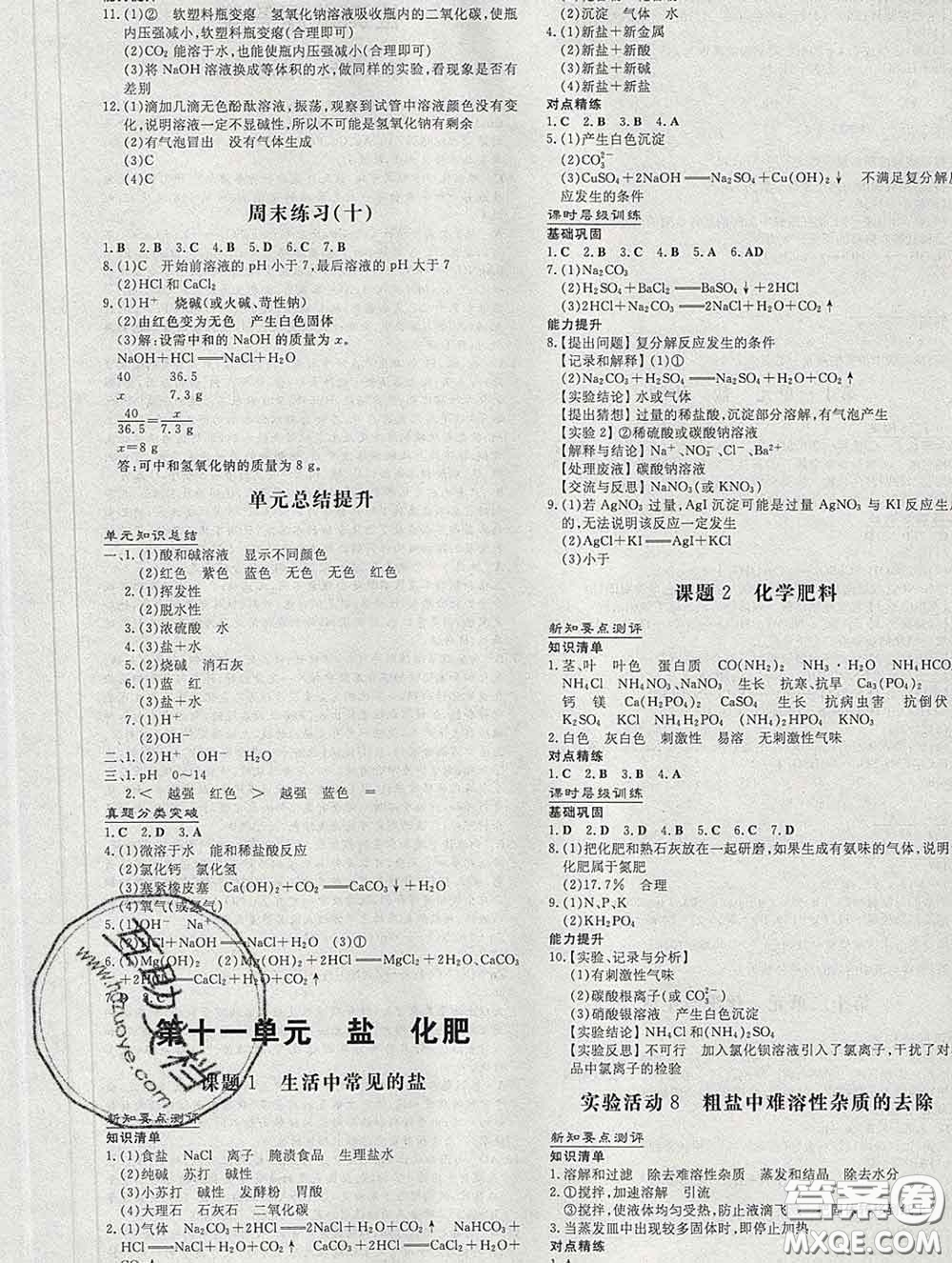 2020新版練案課時作業(yè)本九年級化學下冊人教版答案