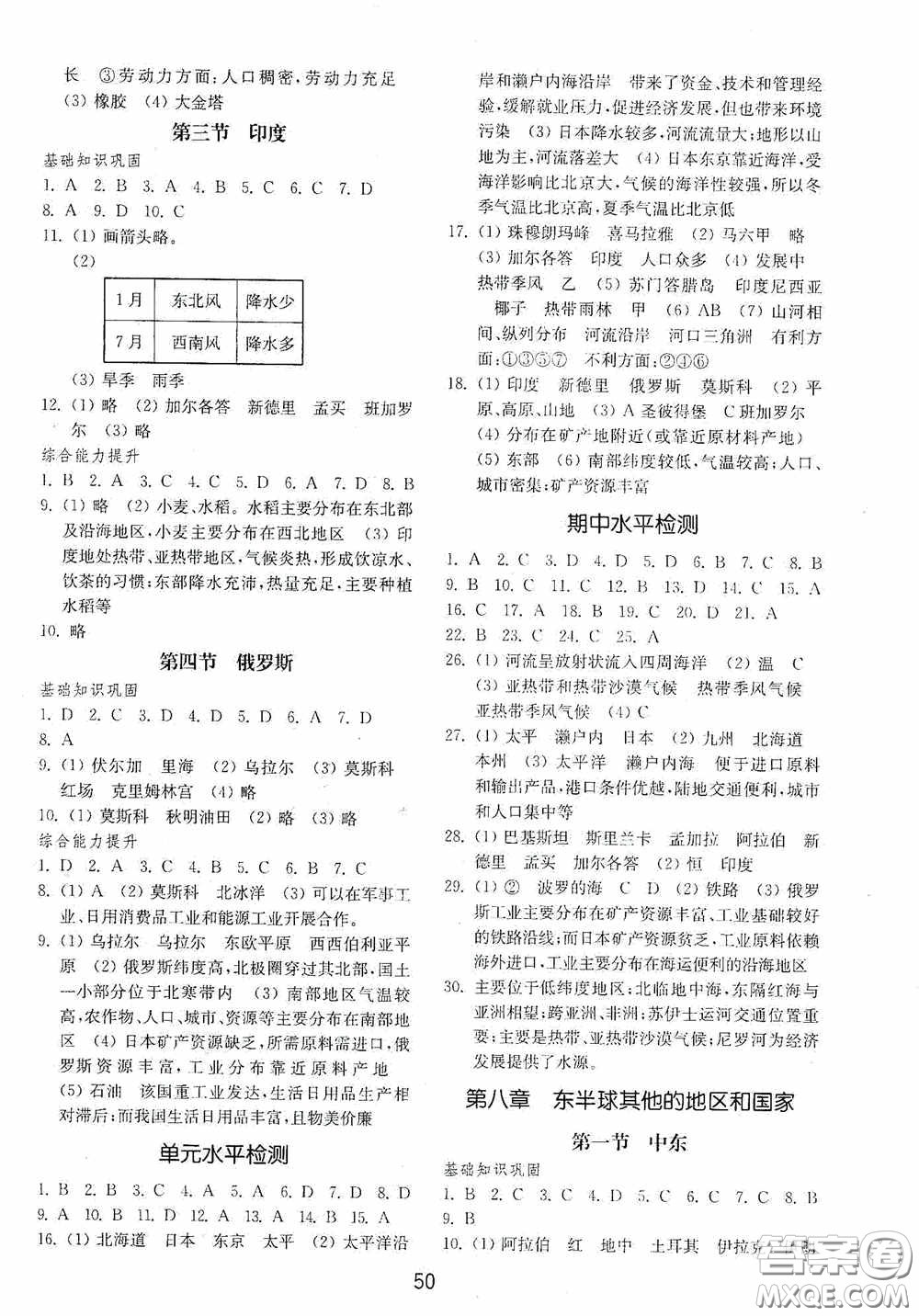 山東教育出版社2020初中基礎(chǔ)訓(xùn)練六年級地理下冊54學(xué)制版答案