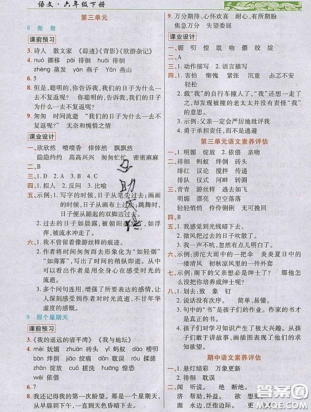 教育科學(xué)出版社2020新版世紀(jì)英才奇跡課堂六年級語文下冊部編版答案