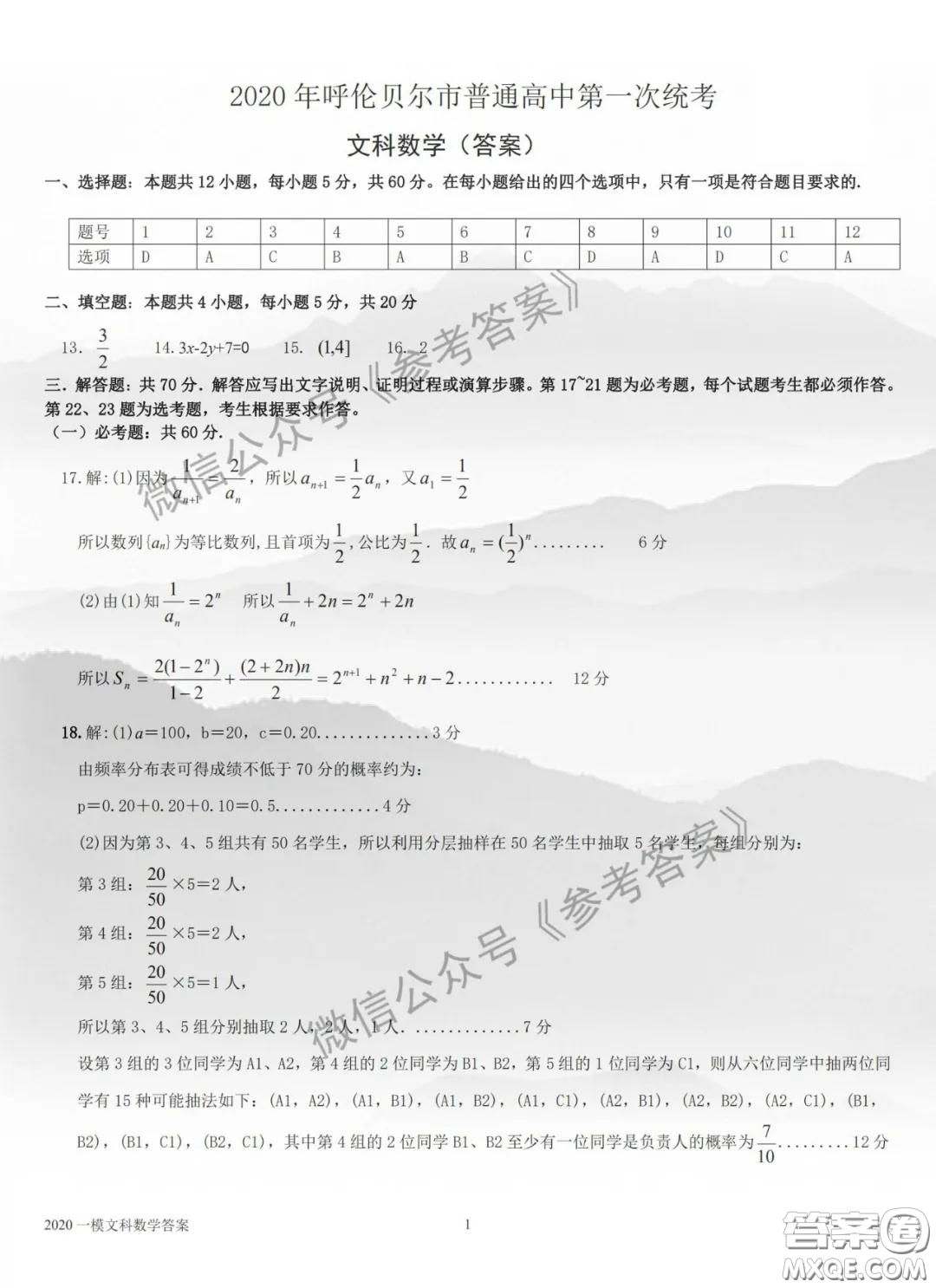 2020年呼倫貝爾普通高中第一次統(tǒng)考文科數(shù)學試題及答案