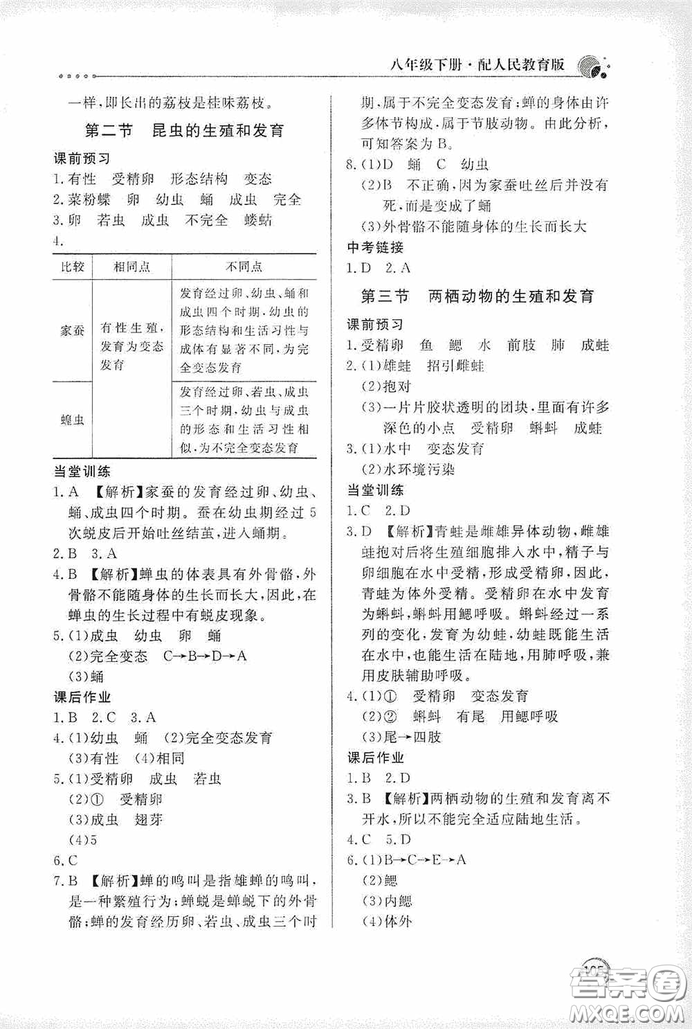 北京教育出版社2020新課堂同步訓(xùn)練八年級(jí)生物學(xué)下冊(cè)人教版答案