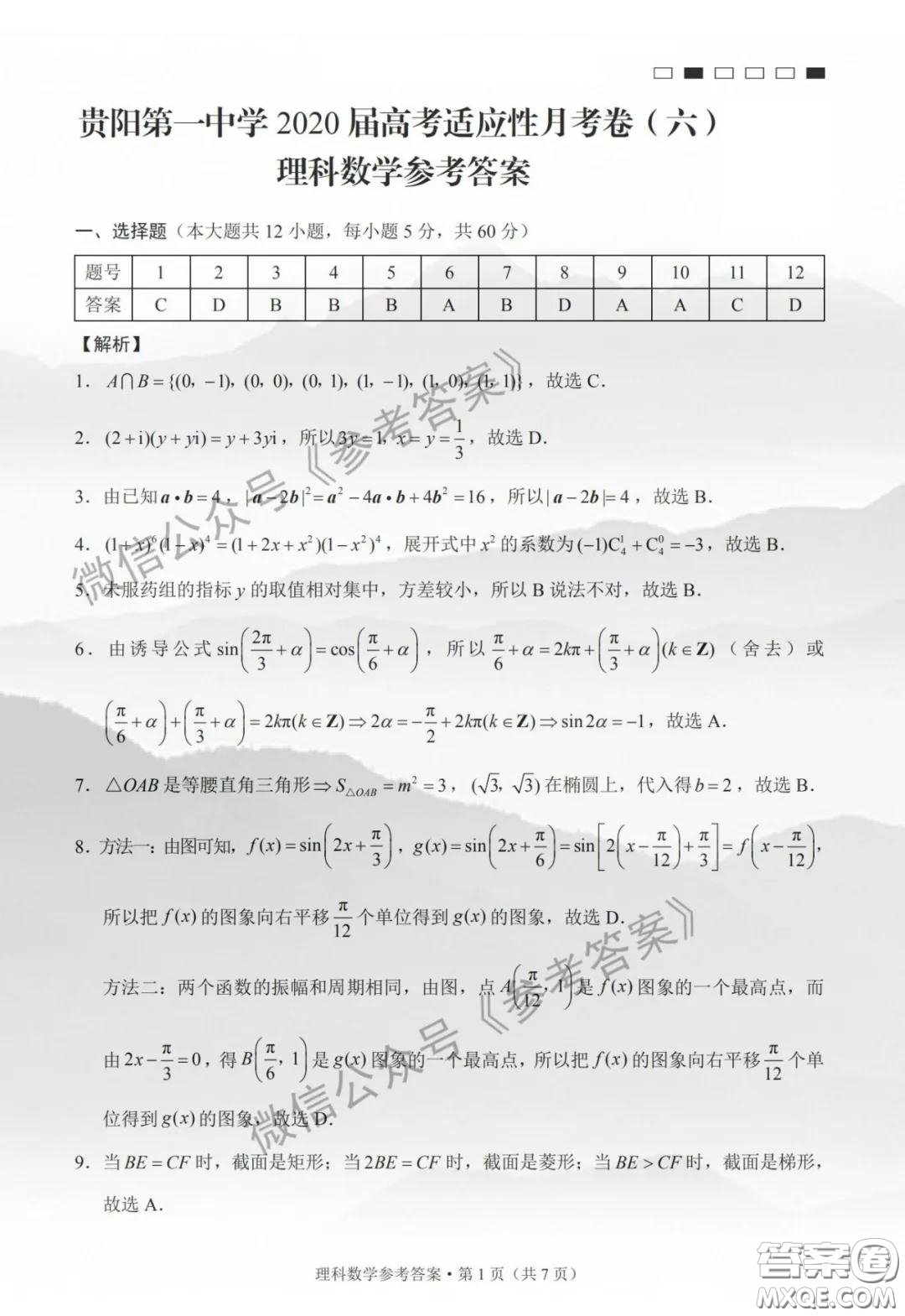 貴陽一中2020屆高考適應月考卷六理科數學答案