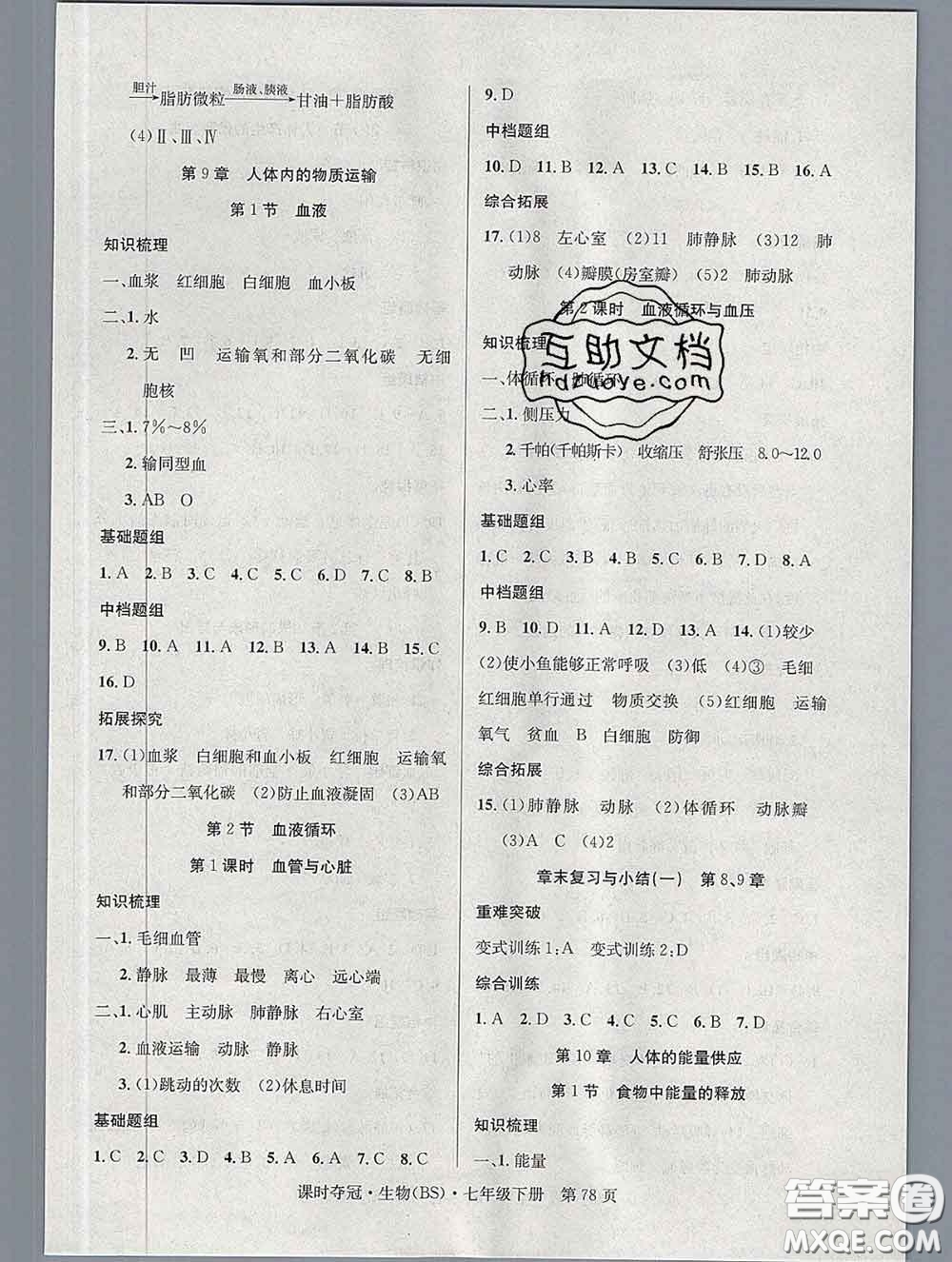 安徽師范大學(xué)出版社2020新版課時奪冠七年級生物下冊北師版答案