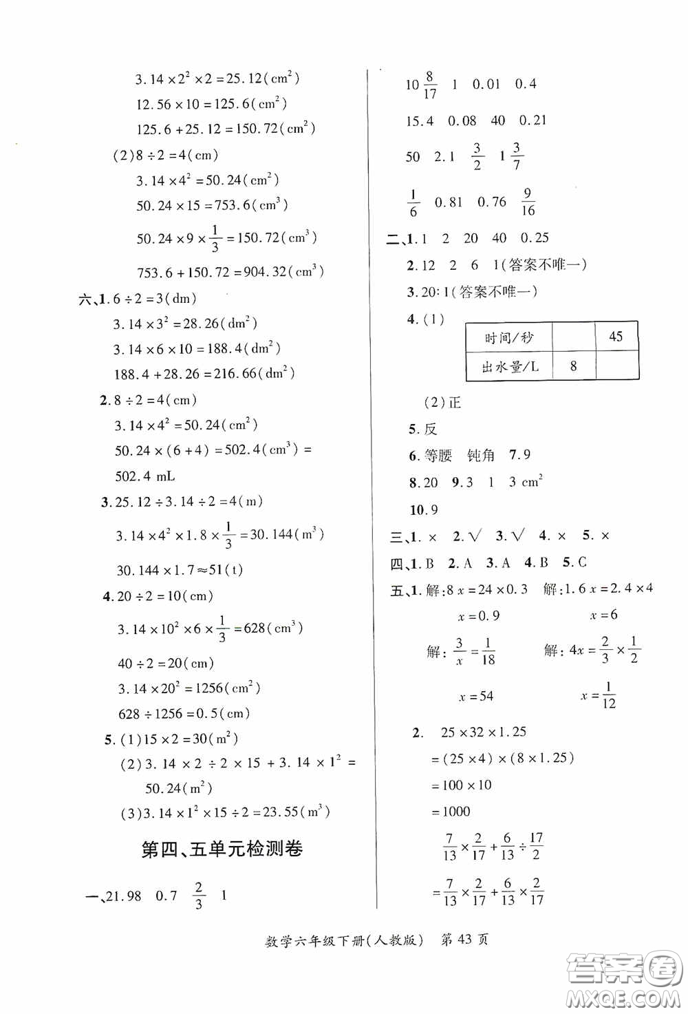 江西人民出版社2020一課一案創(chuàng)新導(dǎo)學(xué)六年級(jí)數(shù)學(xué)下冊(cè)合訂本人教版答案