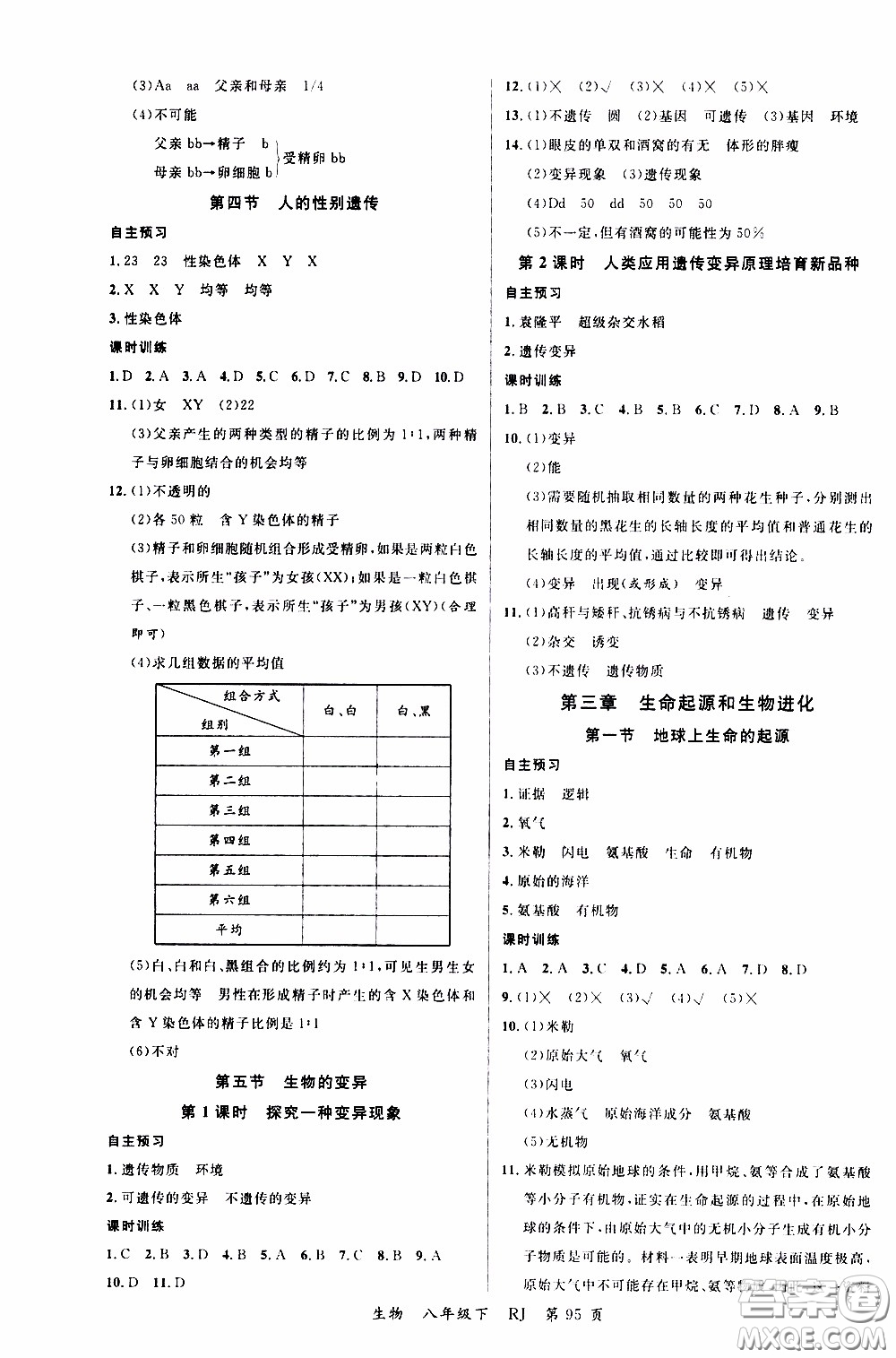 品至教育2020年一線課堂生物八年級(jí)下冊(cè)人教版RJ參考答案