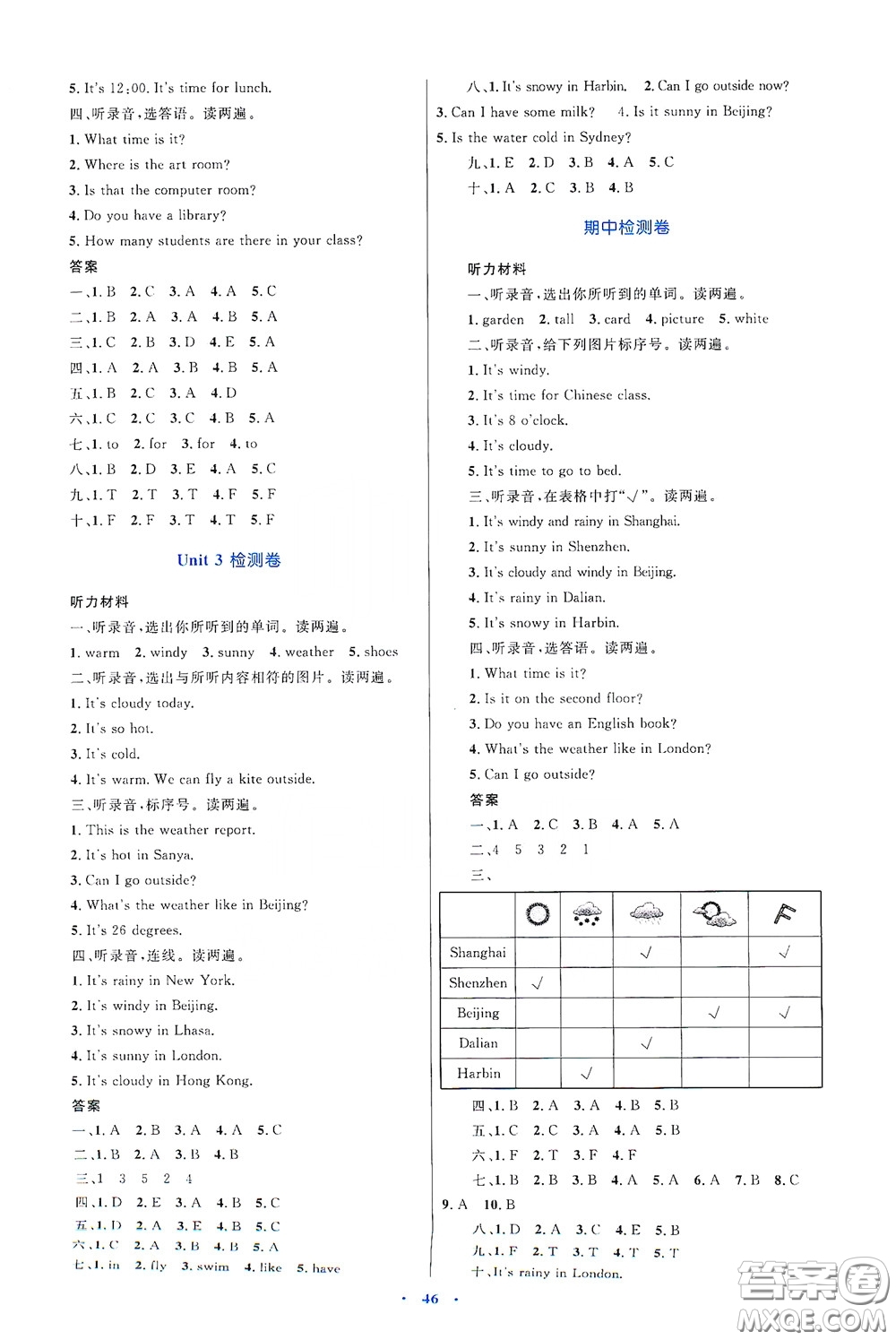 內(nèi)蒙古大學(xué)出版社2020學(xué)習(xí)目標(biāo)與檢測四年級英語下冊人教版答案
