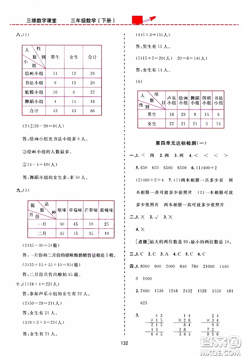 2020年三維數(shù)字課堂三年級(jí)數(shù)學(xué)下冊(cè)人教版參考答案
