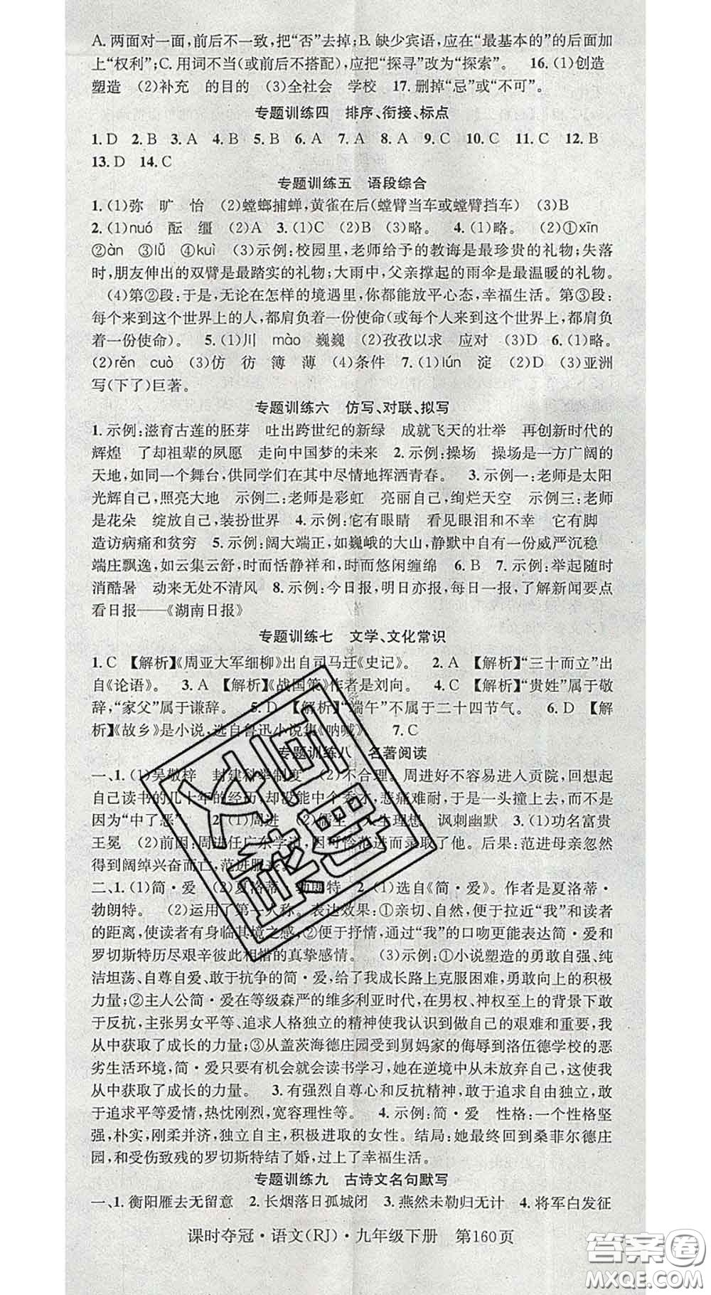 安徽師范大學(xué)出版社2020新版課時(shí)奪冠九年級語文下冊人教版答案