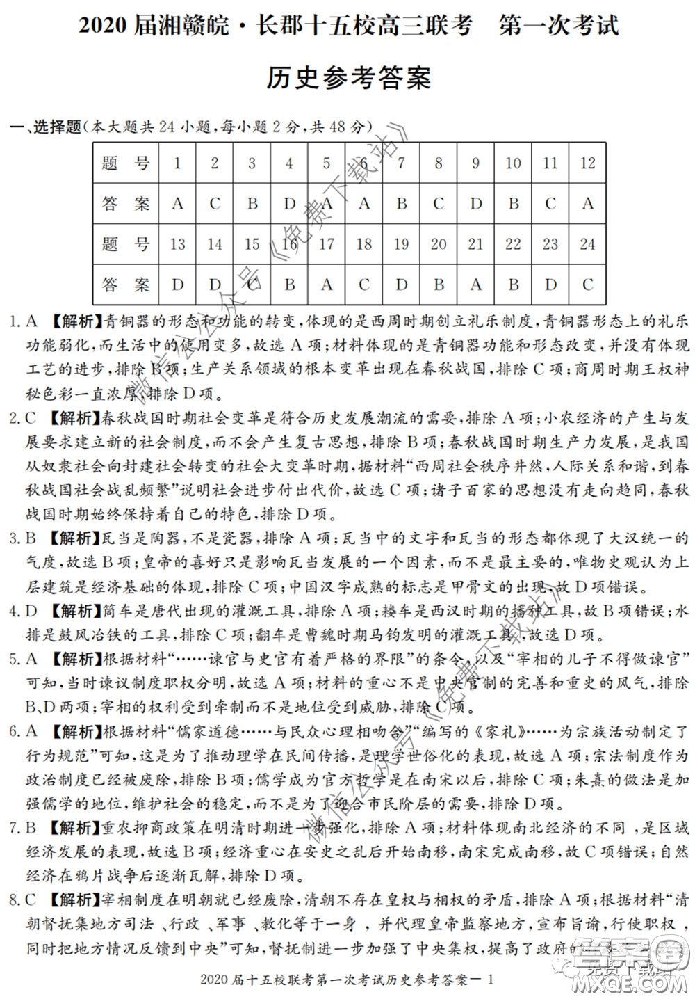 2020屆湘贛皖長郡十五校高三聯(lián)考第一次考試文科綜合答案