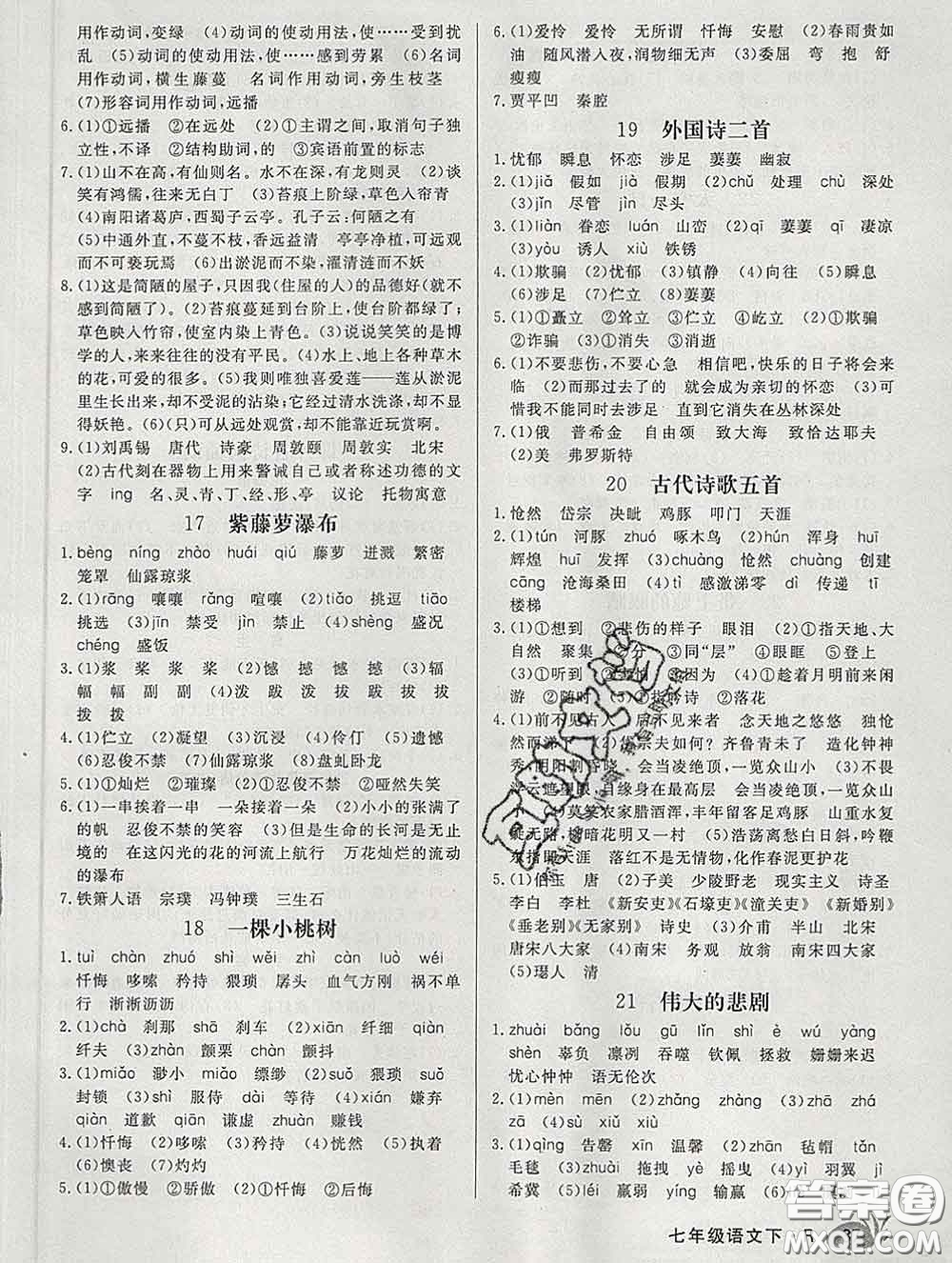 2020新版新領(lǐng)程叢書新領(lǐng)程七年級(jí)語文下冊(cè)人教版安徽專版參考答案