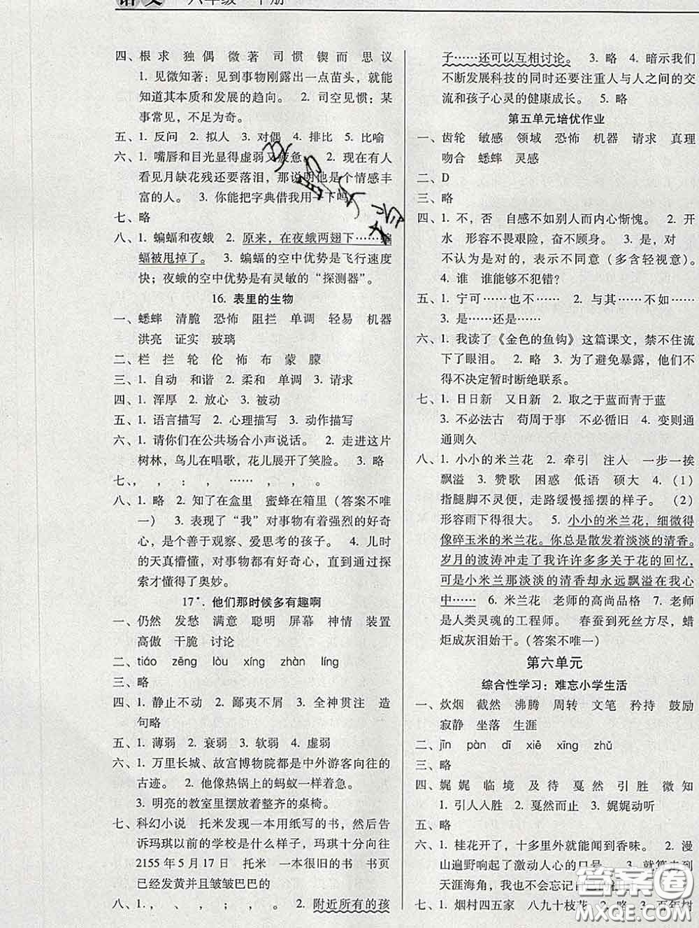 2020新版名校名師培優(yōu)作業(yè)本加核心試卷六年級(jí)語(yǔ)文下冊(cè)人教版答案