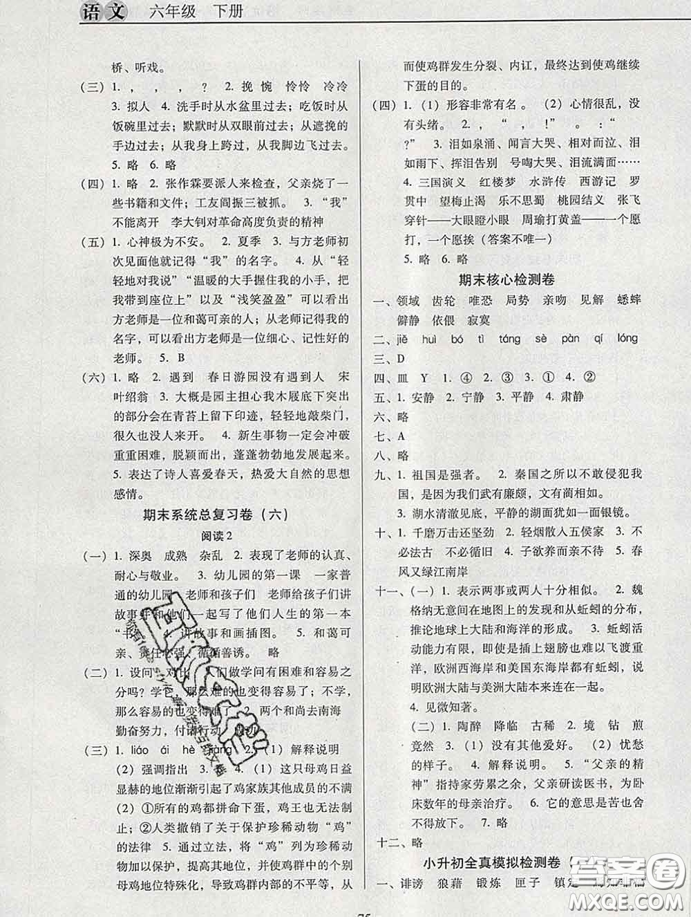 2020新版名校名師培優(yōu)作業(yè)本加核心試卷六年級(jí)語(yǔ)文下冊(cè)人教版答案