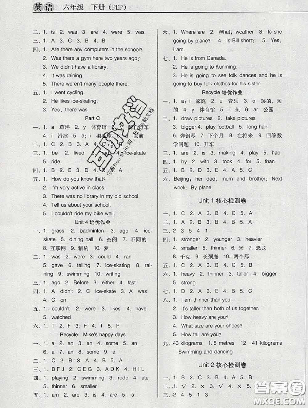 2020新版名校名師培優(yōu)作業(yè)本加核心試卷六年級英語下冊人教版答案