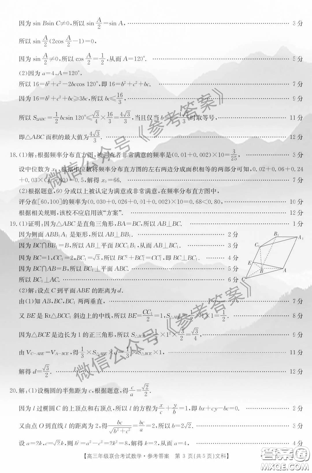 2020年貴州金太陽聯(lián)考4月高三年級(jí)聯(lián)合考試文科數(shù)學(xué)答案
