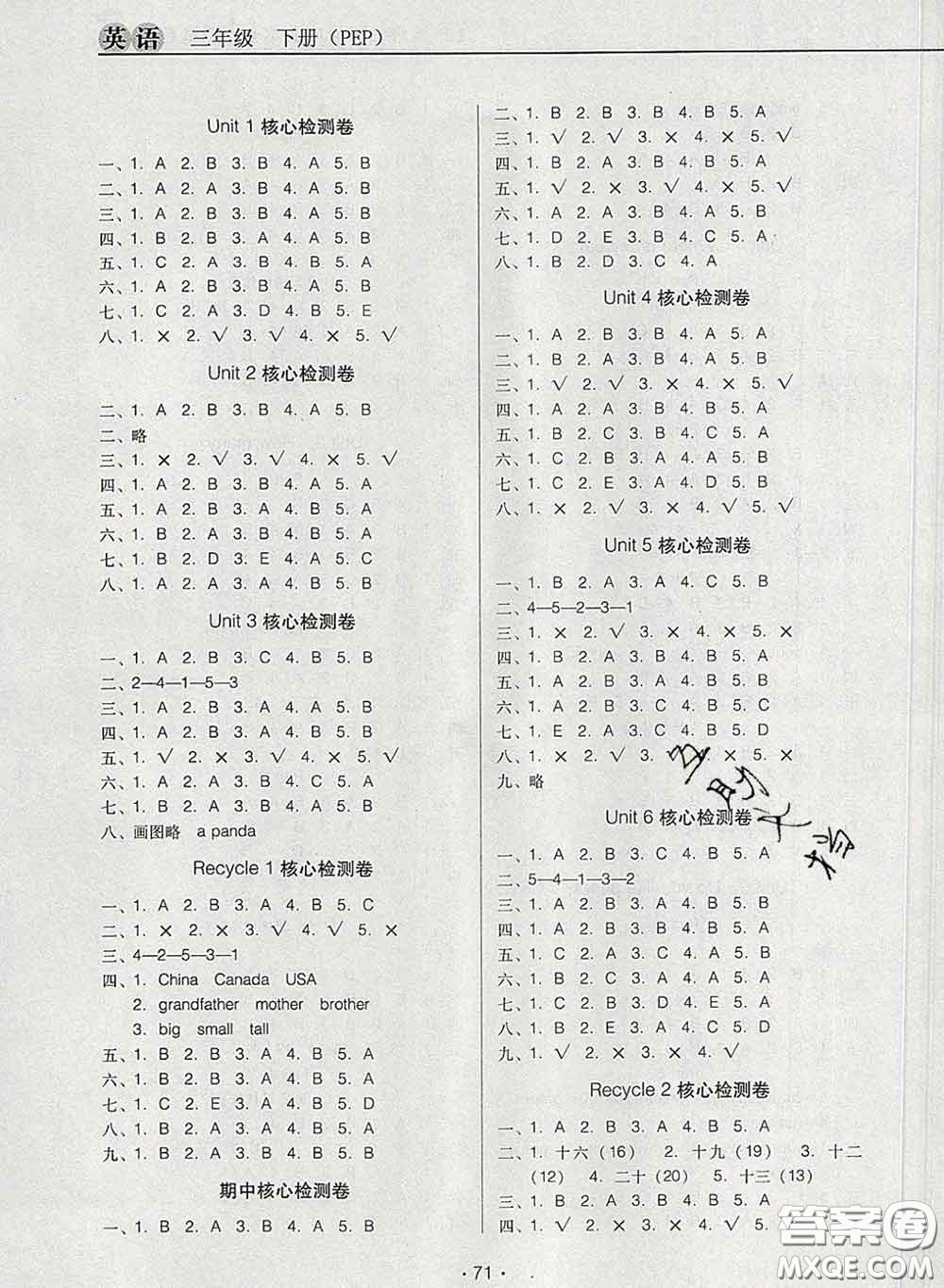 2020新版名校名師培優(yōu)作業(yè)本加核心試卷三年級(jí)英語(yǔ)下冊(cè)人教版答案