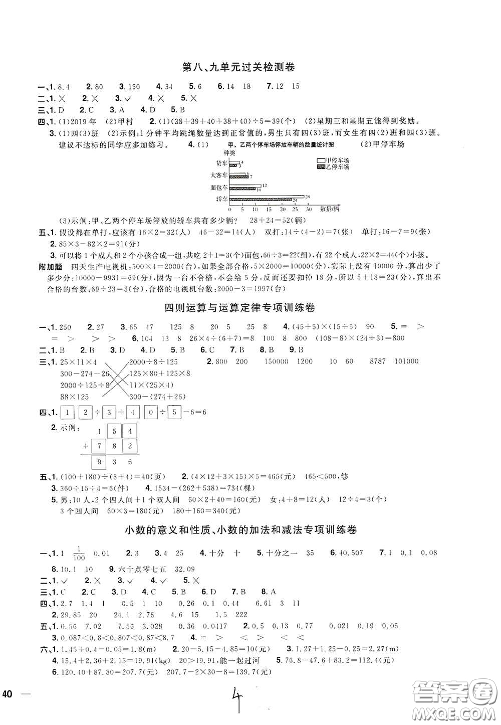 浙江教育出版社2020陽光同學全優(yōu)達標好卷四年級數(shù)學下冊浙江專版答案