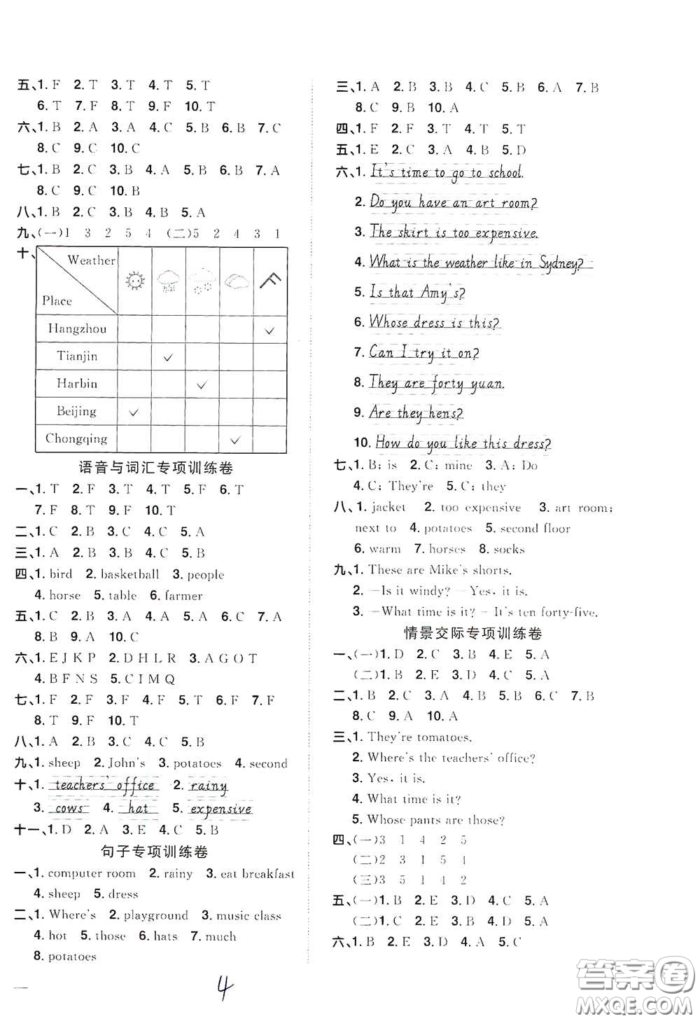 浙江教育出版社2020陽光同學(xué)全優(yōu)達標好卷四年級英語下冊浙江專版答案
