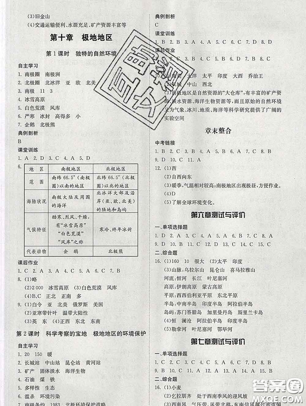 2020春名師小課堂同步精練七年級(jí)地理下冊(cè)人教版答案
