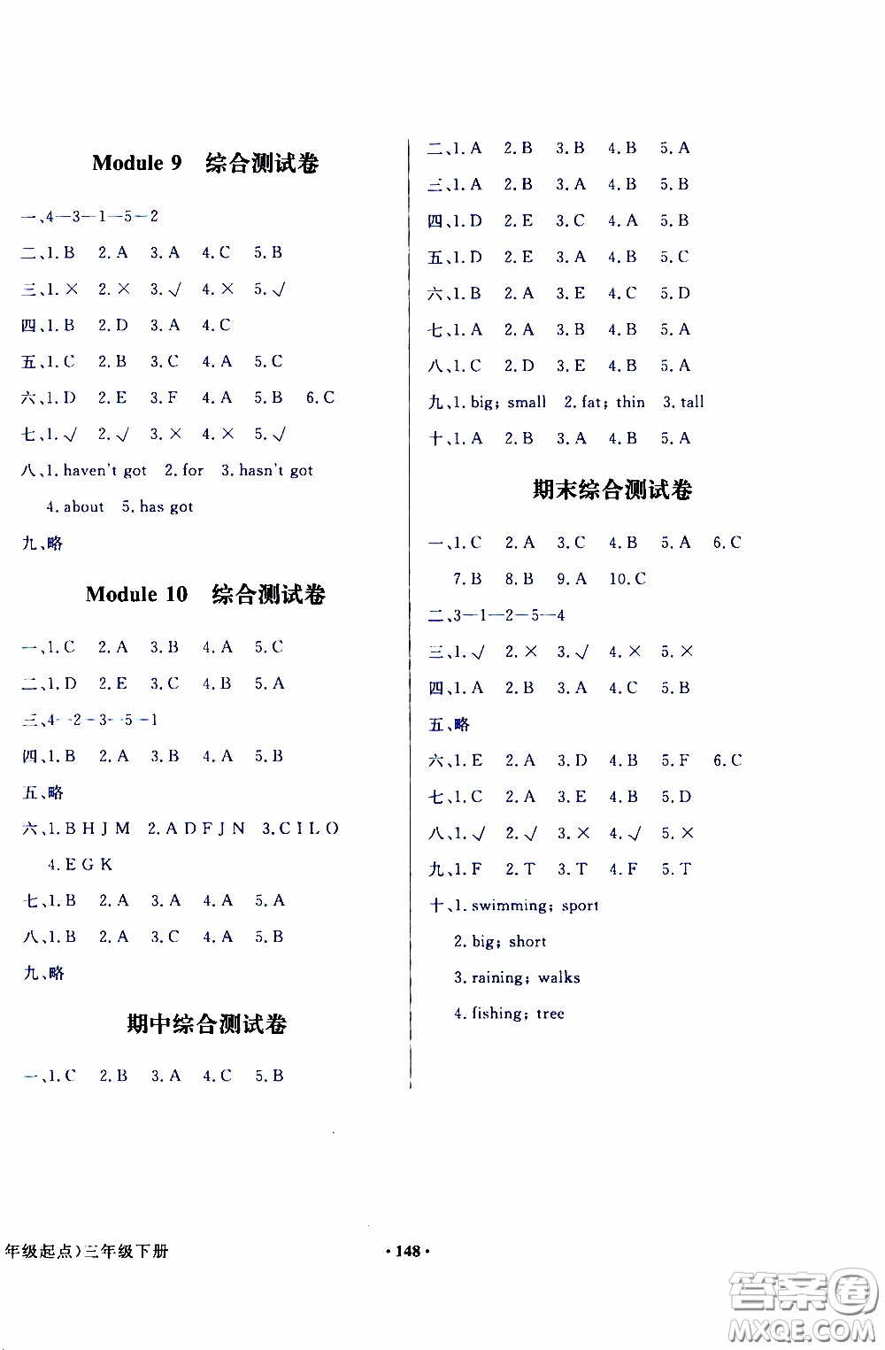2020年陽光課堂英語三年級起點三年級下冊外研版參考答案