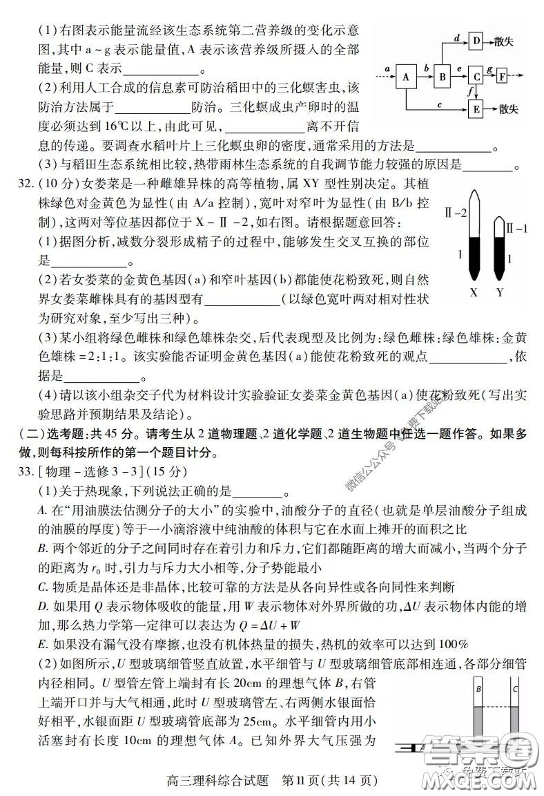 運(yùn)城市2020年高三4月調(diào)研測試?yán)砜凭C合試題及答案