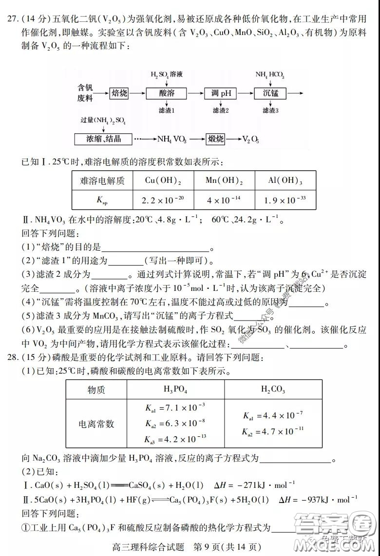 運(yùn)城市2020年高三4月調(diào)研測試?yán)砜凭C合試題及答案