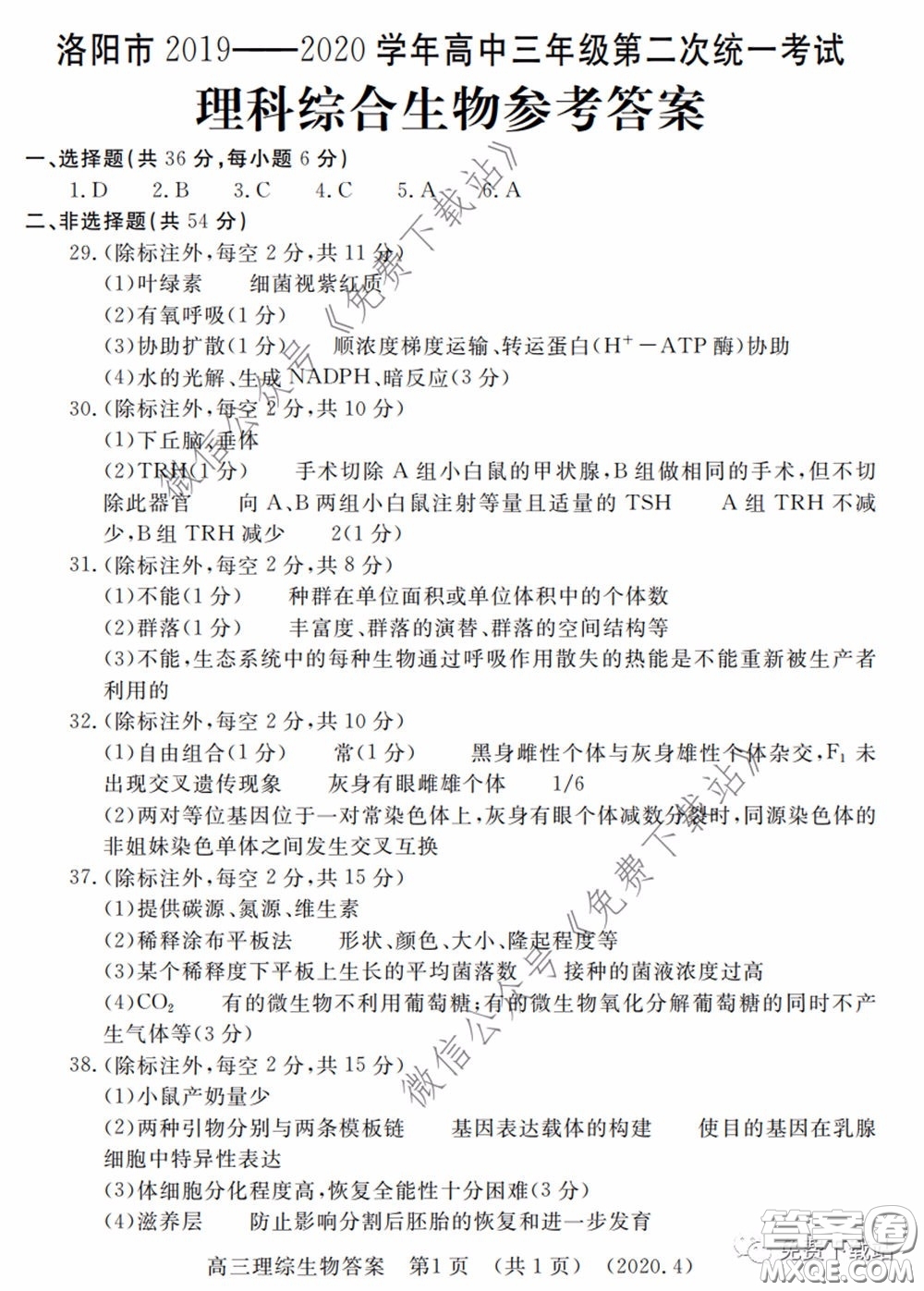 洛陽市2019-2020學(xué)年高中三年級第二次統(tǒng)一考試?yán)砜凭C合試題及答案