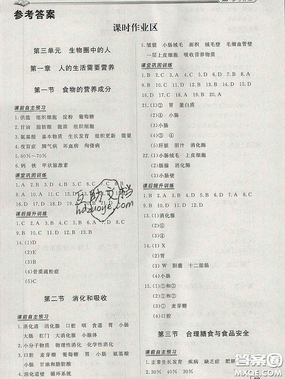2020新版標準課堂作業(yè)七年級生物下冊濟南版參考答案