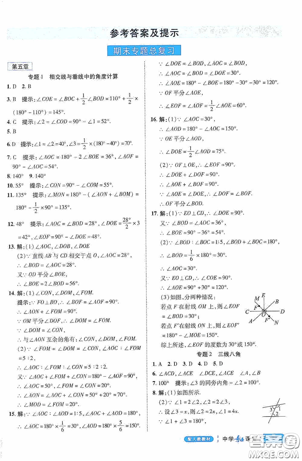 世紀英才中學奇跡課堂2020期末專題總復習七年級數(shù)學下冊人教版教材答案