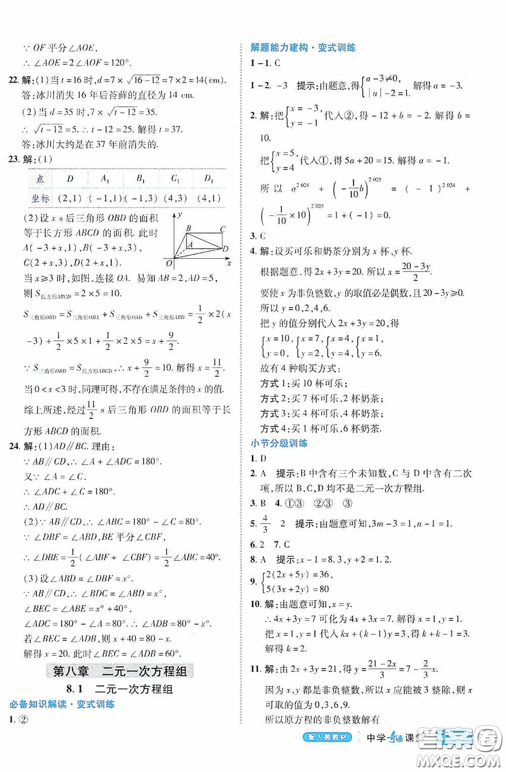 世紀英才中學奇跡課堂2020期末專題總復習七年級數(shù)學下冊人教版教材答案