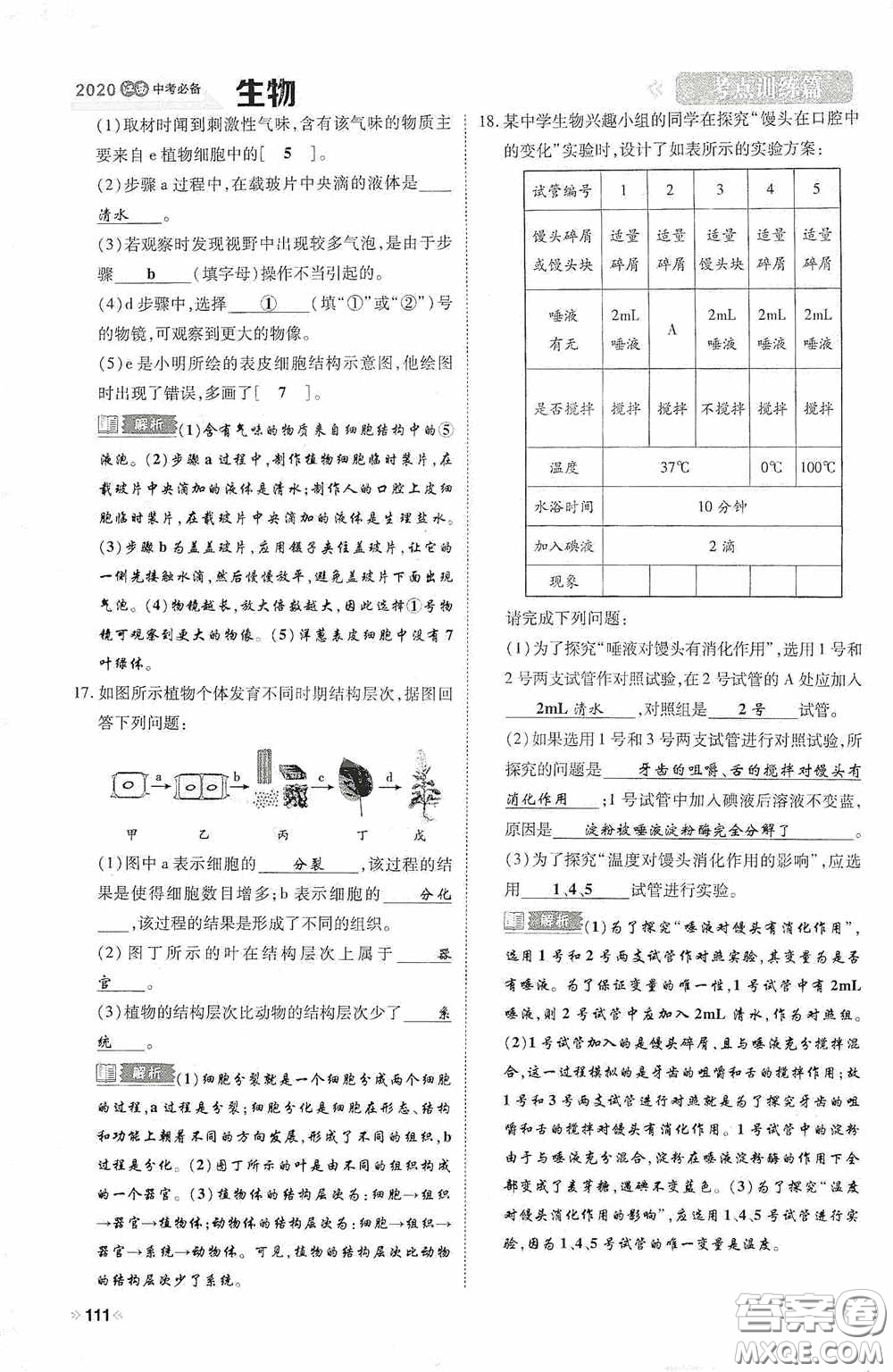 2020中考一卷通考點(diǎn)訓(xùn)練篇生物6篇訓(xùn)練答案