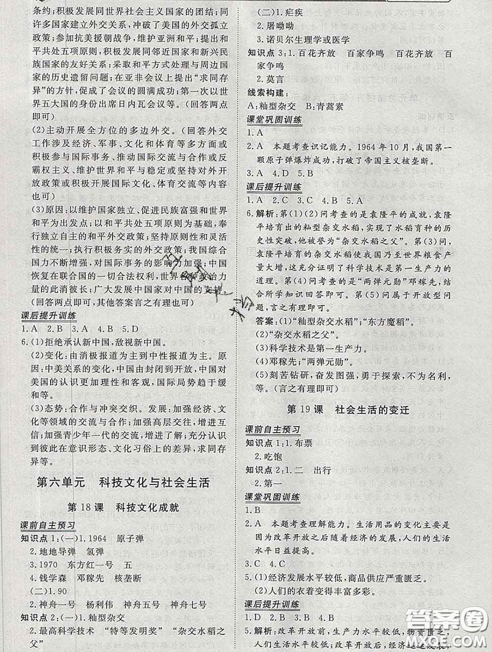 2020新版標(biāo)準(zhǔn)課堂作業(yè)八年級歷史下冊人教版參考答案