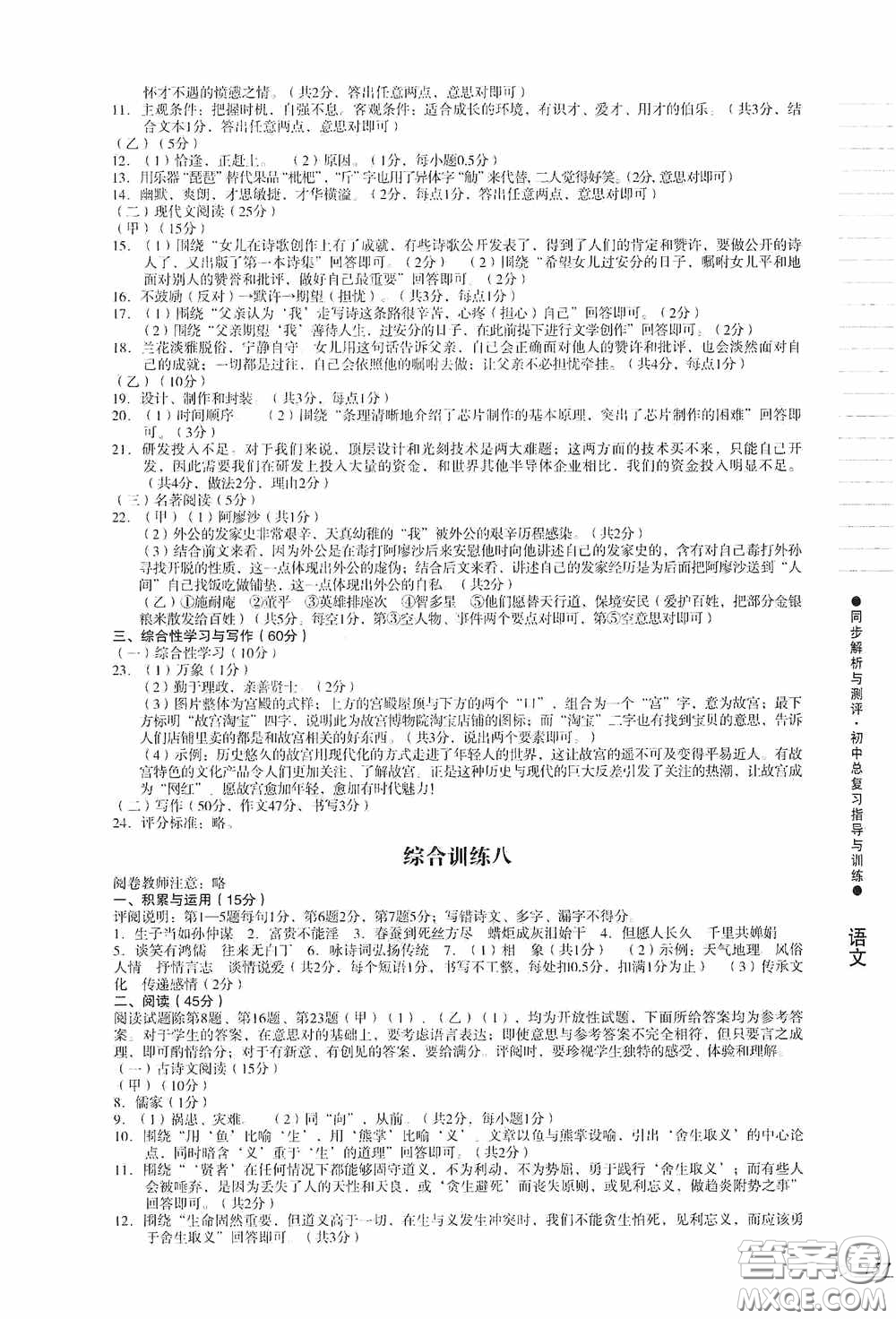 人民教育出版社2020同步解析與測評初中總復(fù)習指導與訓練語文答案