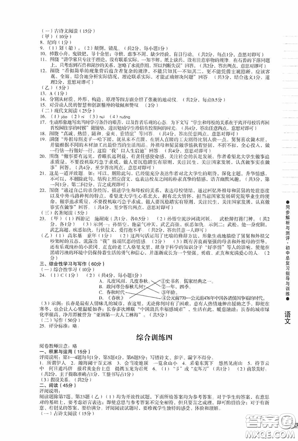 人民教育出版社2020同步解析與測評初中總復(fù)習指導與訓練語文答案