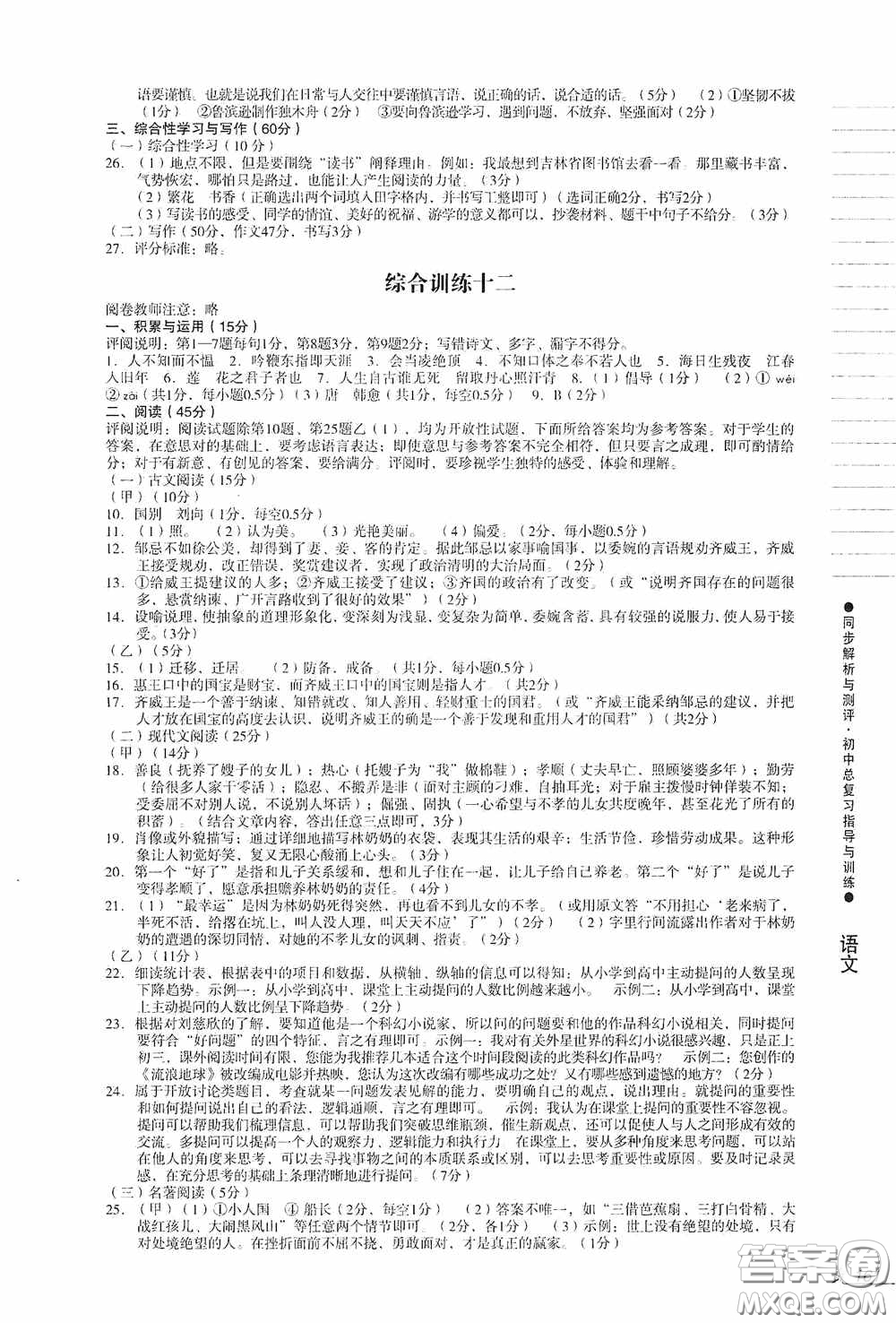 人民教育出版社2020同步解析與測評初中總復(fù)習指導與訓練語文答案
