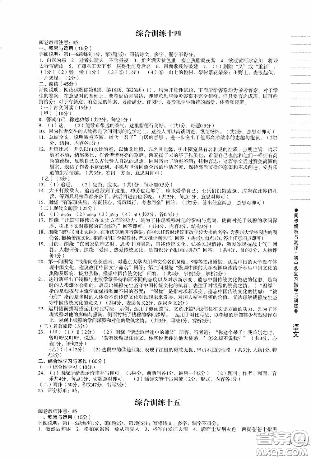 人民教育出版社2020同步解析與測評初中總復(fù)習指導與訓練語文答案