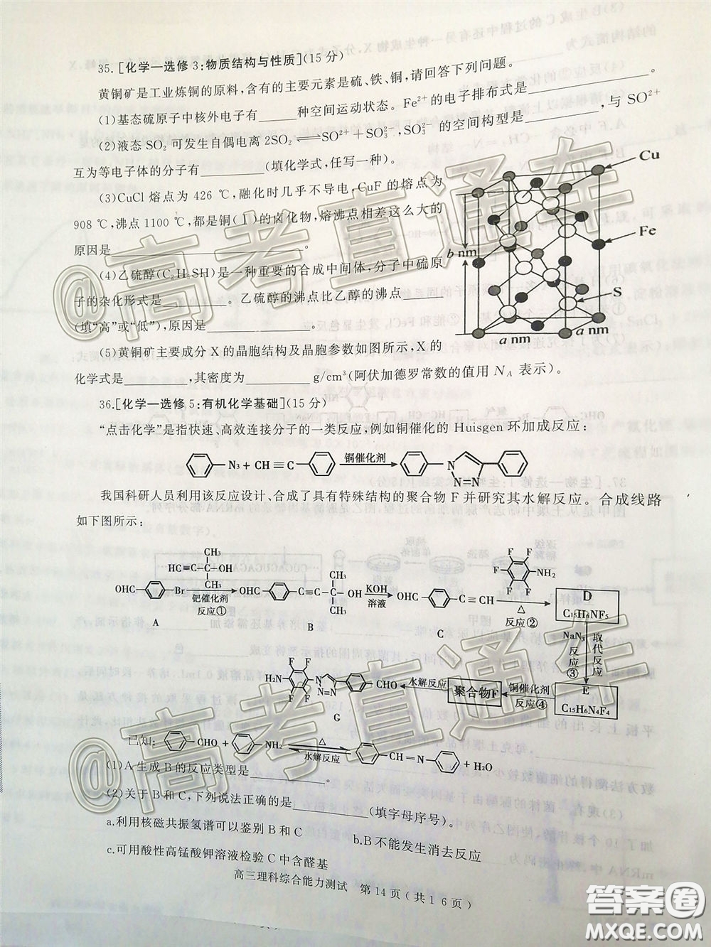 2020年河南省六市高三第一次模擬調(diào)研理綜試題答案