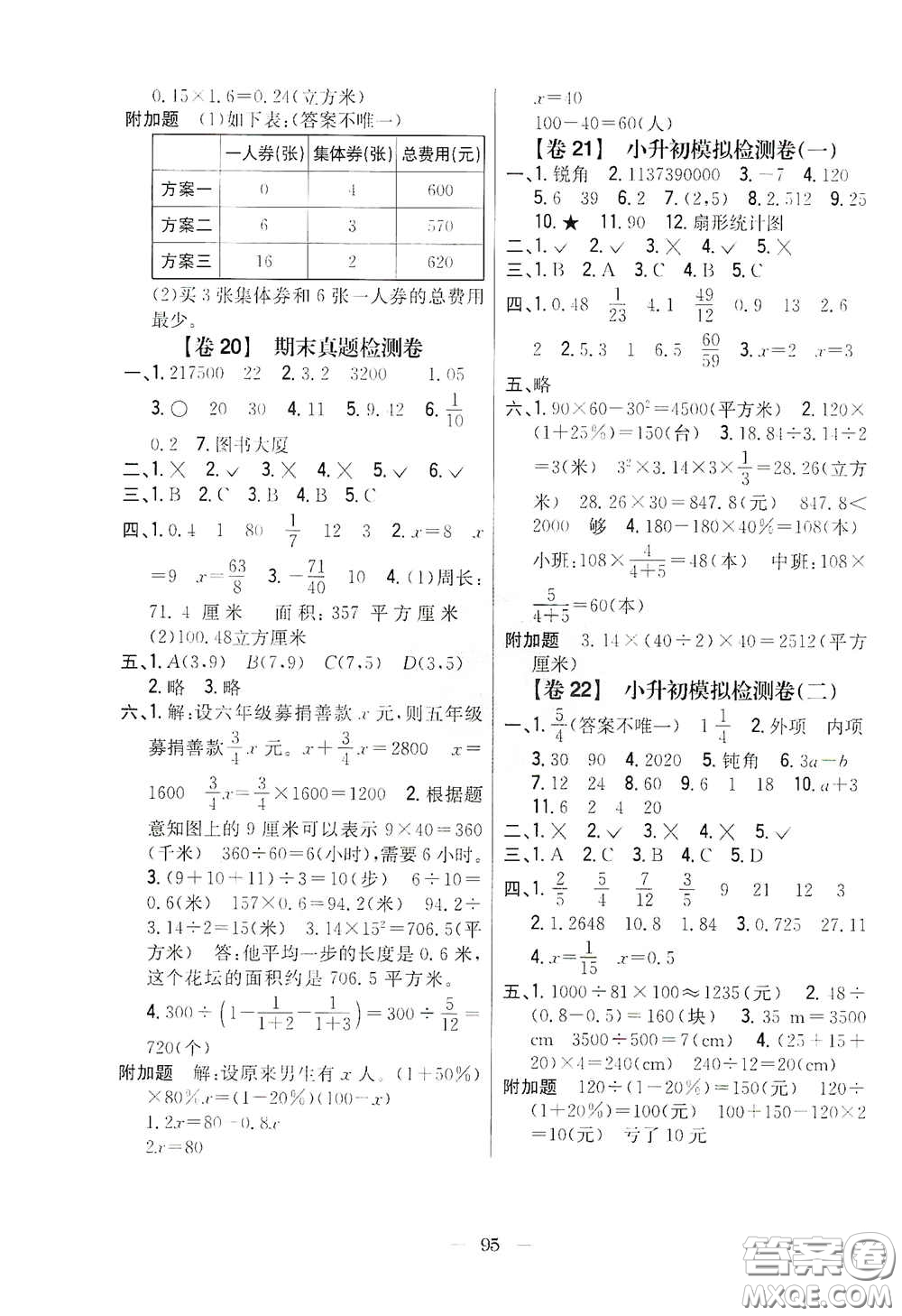 吉林人民出版社2020小學教材完全考卷六年級數(shù)學下冊新課標人教版答案
