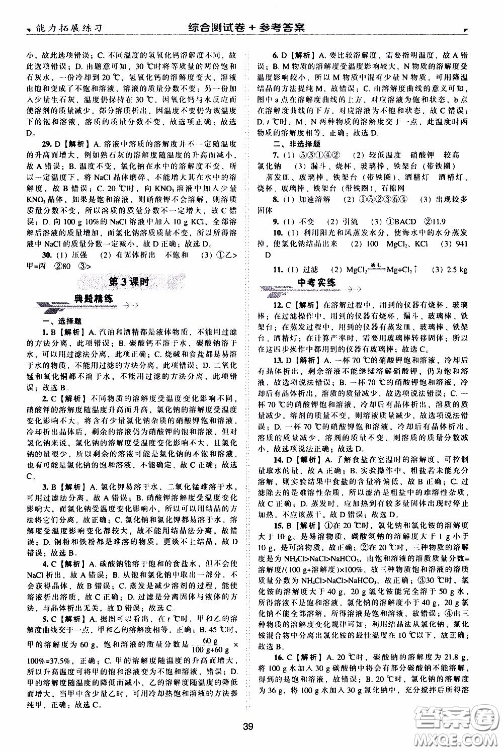 2020年能力拓展練習九年級下冊化學上教版參考答案