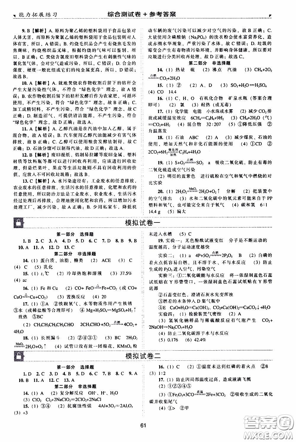 2020年能力拓展練習九年級下冊化學上教版參考答案