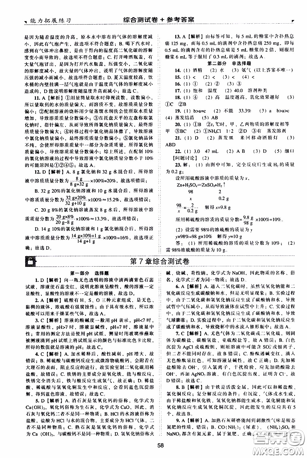 2020年能力拓展練習九年級下冊化學上教版參考答案
