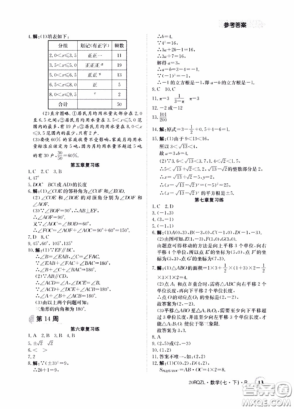 2020年日清周練限時提升卷數(shù)學(xué)七年級下冊R人教版參考答案